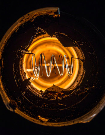 A macro photograph captures the intense, warm glow of a tungsten filament, a symbol of a bright idea still burning within the confines of a broken and rusted vintage light bulb.の素材