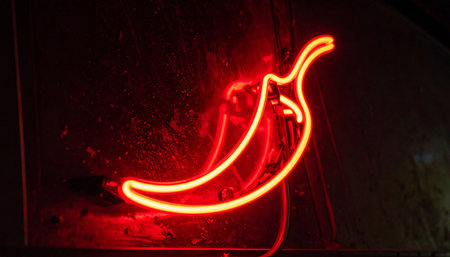 A vibrant red neon chili pepper glows intensely against a dark background, casting a warm, inviting light.の素材