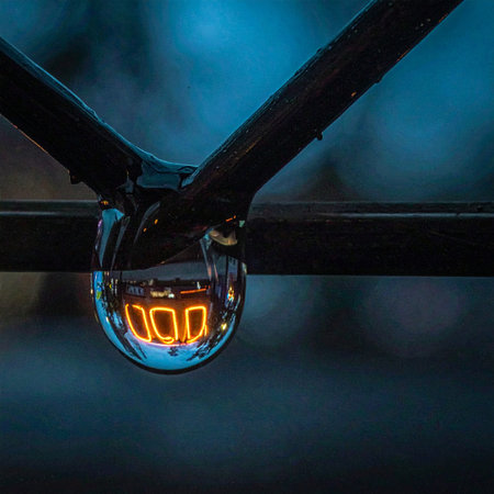 A single, perfect water droplet clings to a branch, capturing and refracting the warm, mysterious glow of a distant light.の素材