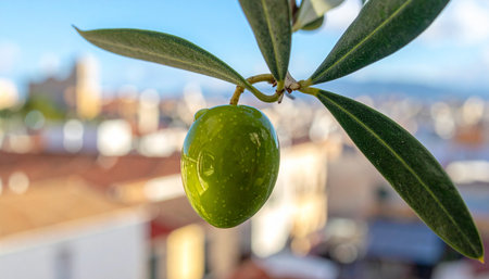 A single, vibrant green olive hangs delicately from its branch, glistening in the warm sunlight.の素材