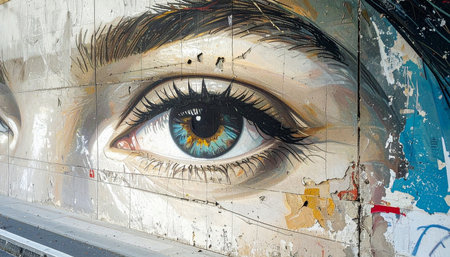 A captivating, realistic eye painted on a weathered urban wall gazes out at the viewer.の素材