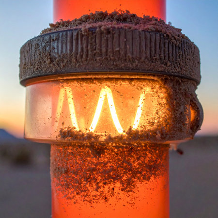 A close-up of a rugged construction warning light, its filament glowing brightly against the fading light of sunset.の素材