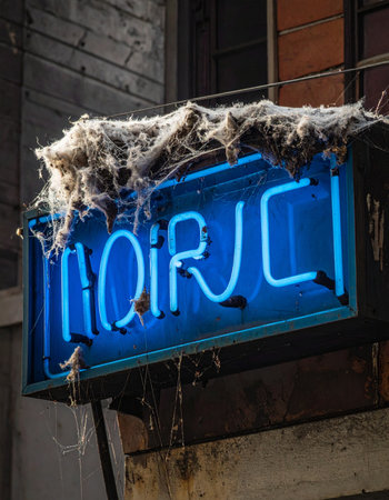 In a forgotten city alley, a blue neon sign flickers with the word 'Noir,' its glow softened by years of neglect and thick cobwebs.の素材
