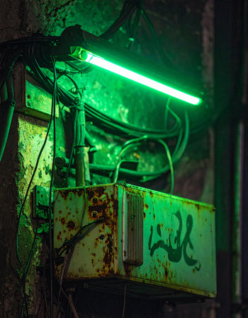 In the depths of a forgotten industrial alley, a lone green fluorescent light casts an eerie, futuristic glow on a decaying electrical panel.の素材