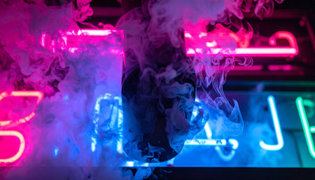 In the heart of a futuristic city, a hidden bar beckons with its vibrant neon glow.の素材