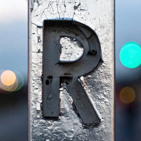 A close-up of a weathered, black letter 'R' on a peeling metal pole tells a story of urban decay and forgotten messages.の素材