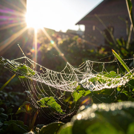 As the sun rises, its golden rays catch the delicate threads of a spiderweb, turning countless dew drops into sparkling jewels.の素材