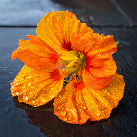 A single, vibrant orange nasturtium flower rests on a dark, reflective surface, its delicate petals adorned with glistening water droplets.の素材