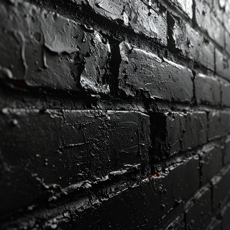 A close-up perspective shot of a rugged brick wall coated in thick, black paint. The uneven texture and deep shadows create a moody, industrial atmosphere, perfect for a powerful and edgy background.の素材