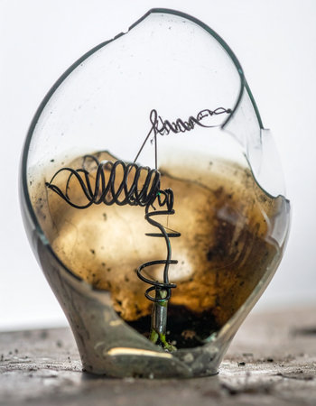 A close-up view captures a fragile new world taking root inside the shattered remains of a classic lightbulb.の素材