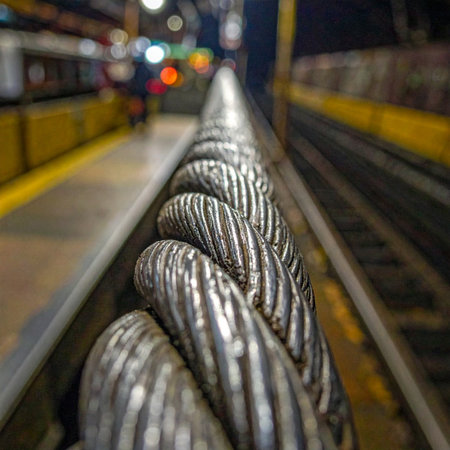 A detailed close-up of a thick, braided steel cable creates a powerful leading line along a subway platform.の素材