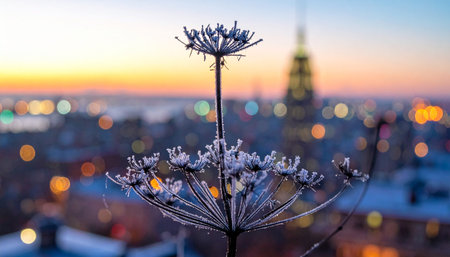 A delicate wildflower, encased in a layer of crystalline frost, stands resilient against the cold morning air.の素材