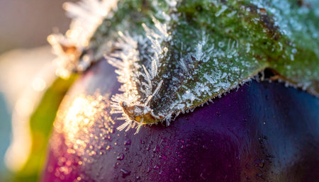 A macro view captures the surprising beauty of the first frost on a ripe purple eggplant.の素材