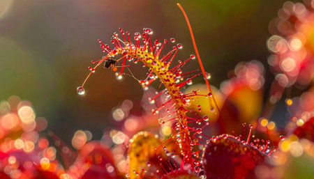 A stunning macro photograph captures the dangerous beauty of a Drosera, or sundew plant.の素材