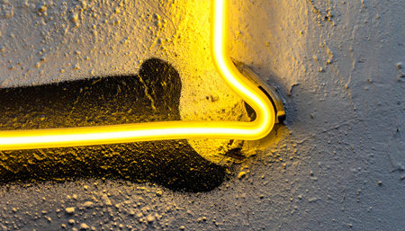 A close-up detail shot of a vibrant yellow neon tube, casting a warm and energetic glow against a rough, industrial concrete wall.の素材