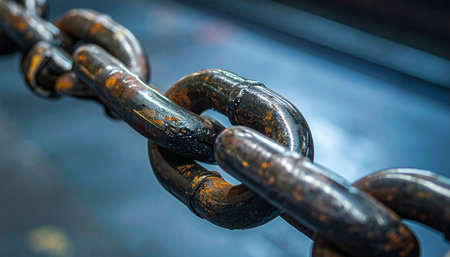 A macro shot captures the detailed texture of corrosion on a heavy-duty industrial chain.の素材