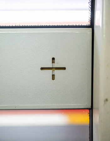 A close-up view of a modern white door featuring a unique cross-shaped peephole.の素材