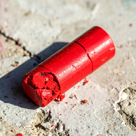 A vibrant red lipstick lies broken and forgotten on the rough, cracked concrete.の素材