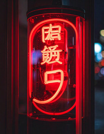 A vibrant red neon sign cuts through the darkness of a city night, its glowing Japanese characters promising delicious food.の素材
