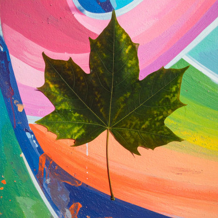 A single green maple leaf, a symbol of nature's simple beauty, rests upon a vibrant and chaotic canvas of abstract art.の素材