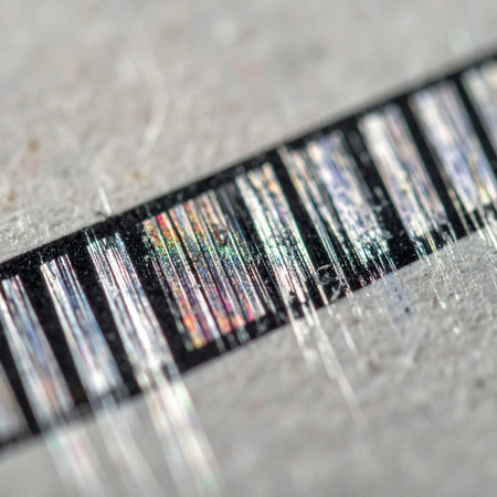 An extreme close-up reveals the intricate world within a banknote's security thread.の素材