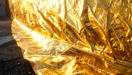 Sunlight catches the intricate folds of a crumpled sheet of golden foil, creating a dynamic play of light and shadow.の素材