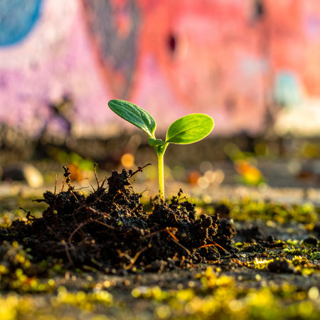 Against a vibrant, graffiti-painted urban backdrop, a single, delicate seedling pushes through the soil.の素材
