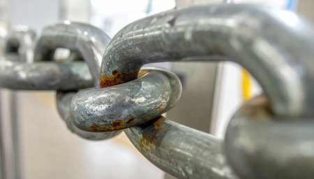 A close-up view reveals the immense strength and weathered texture of a heavy-duty industrial chain.の素材