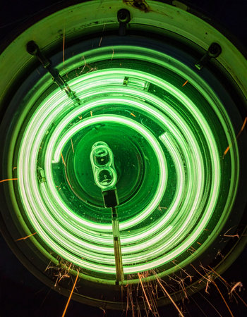 A vibrant green coil pulses with immense energy, its hypnotic spiral glowing intensely in the darkness.の素材