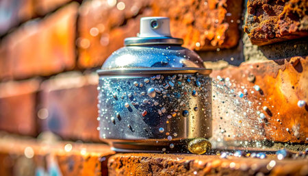 A silver aerosol can, speckled with glittering paint, rests on a rustic brick ledge.の素材