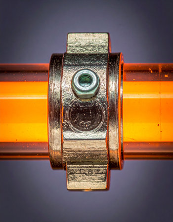 A macro photograph captures the intense connection between a metal shaft collar and a brilliantly glowing orange tube.の素材