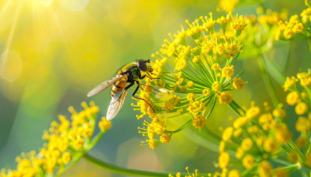 Bathed in the warm glow of a summer sun, a diligent hoverfly meticulously gathers nectar from the tiny yellow blossoms of a dill plant.の素材