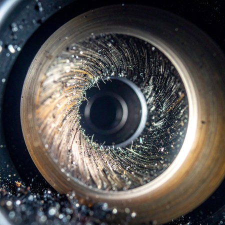 A macro photograph captures the raw power and texture of an industrial wire brush, its metallic bristles covered in fine shavings after a demanding job.の素材