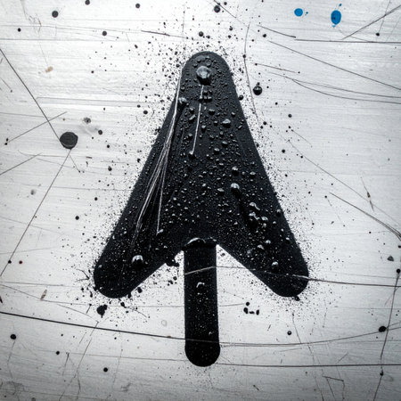 A bold black arrow points resolutely upward, a clear symbol of progress and direction amidst a chaotic background of paint splatters and scratches.の素材