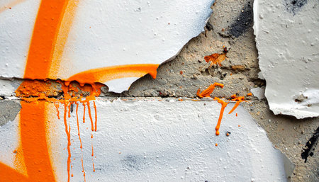 Close-up detail of a weathered urban wall, where layers of peeling paint and crumbling concrete reveal a history of neglect and creativity.の素材