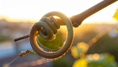 A delicate grapevine tendril curls in a perfect spiral, clinging tightly as the warm, golden light of sunset bathes the vineyard in a serene glow.の素材