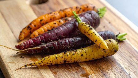 A vibrant bunch of freshly roasted heirloom carrots, showcasing a beautiful spectrum of purple, orange, and yellow, rests on a rustic wooden cutting board.の素材