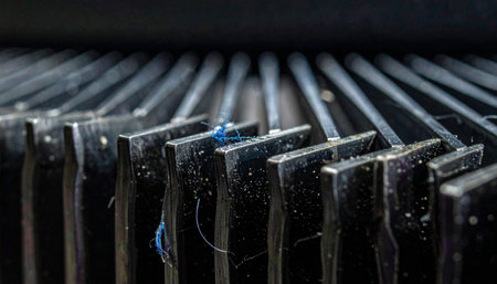 A macro perspective reveals the intricate and dusty fins of an old electronic heatsink.の素材