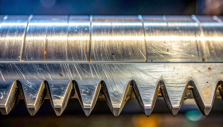 A detailed macro photograph captures the precise, interlocking teeth of a metal gear rack.の素材