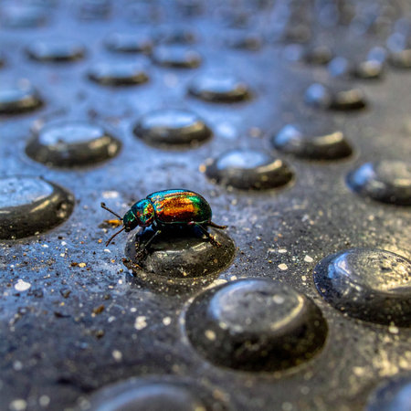 A macro photograph captures the stunning, jewel-like iridescence of a tiny beetle navigating a wet, textured industrial surface.の素材