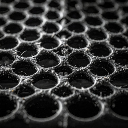 A macro perspective reveals the intricate and weathered details of an industrial honeycomb grid.の素材