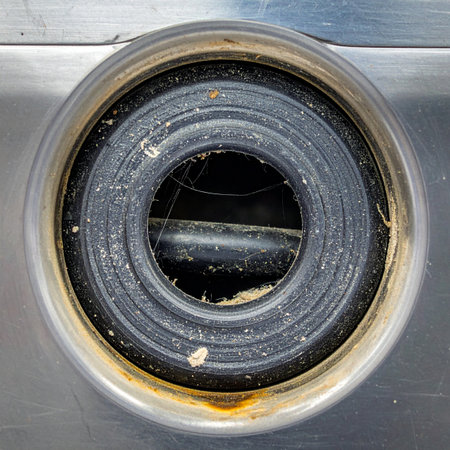 A detailed macro shot captures the textures of a worn industrial drain.の素材
