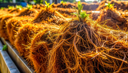 In a state-of-the-art greenhouse, young seedlings develop a complex and healthy root system using soilless cultivation methods.の素材
