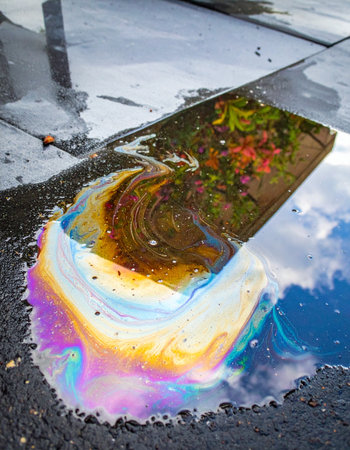 A mesmerizing rainbow of psychedelic colors swirls across the surface of a puddle on dark, wet asphalt.の素材
