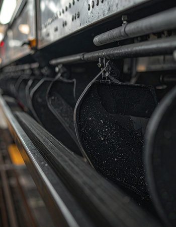 A detailed, low-angle view captures the complex inner workings of a heavy industrial machine.の素材