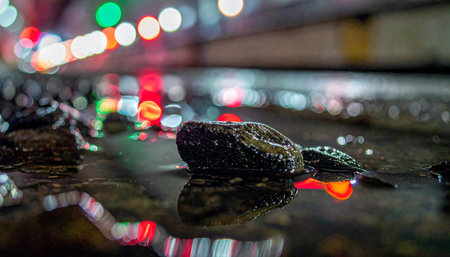 A low-angle view captures the gritty beauty of a city street after the rain.の素材
