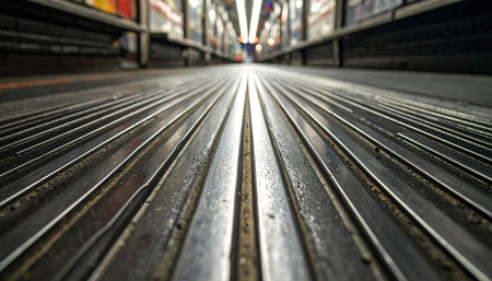 A low-angle, close-up perspective captures the metallic grooves of a moving walkway, creating powerful leading lines that draw the eye towards a blurred, distant destination.の素材