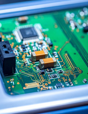 A detailed macro photograph capturing the intricate landscape of a modern printed circuit board.の素材