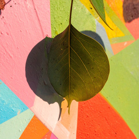 A single green leaf casts a sharp shadow against a vibrant, colorful abstract background.の素材