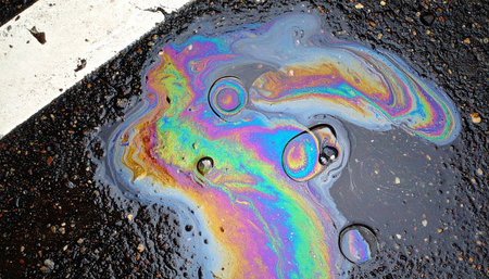 A vibrant, psychedelic rainbow of colors shimmers on the dark, wet asphalt, a beautiful yet stark reminder of urban pollution.の素材